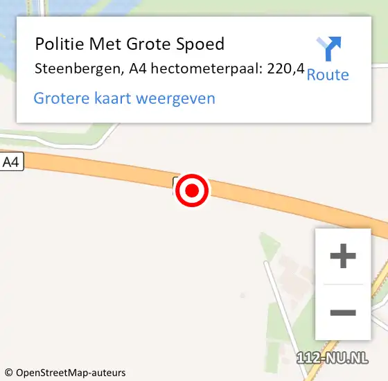 Locatie op kaart van de 112 melding: Politie Met Grote Spoed Naar Steenbergen, A4 hectometerpaal: 220,4 op 18 december 2022 19:38