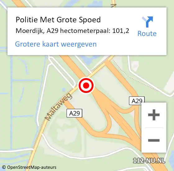 Locatie op kaart van de 112 melding: Politie Met Grote Spoed Naar Moerdijk, A29 hectometerpaal: 101,2 op 18 december 2022 19:46