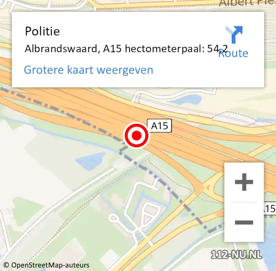 Locatie op kaart van de 112 melding: Politie Albrandswaard, A15 hectometerpaal: 54,2 op 18 december 2022 19:56