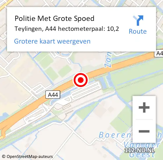 Locatie op kaart van de 112 melding: Politie Met Grote Spoed Naar Teylingen, A44 hectometerpaal: 10,2 op 18 december 2022 20:15