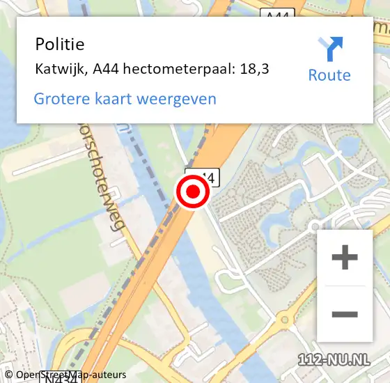 Locatie op kaart van de 112 melding: Politie Katwijk, A44 hectometerpaal: 18,3 op 18 december 2022 20:18