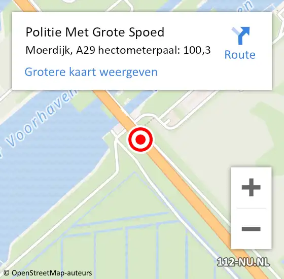 Locatie op kaart van de 112 melding: Politie Met Grote Spoed Naar Moerdijk, A29 hectometerpaal: 100,3 op 18 december 2022 20:23