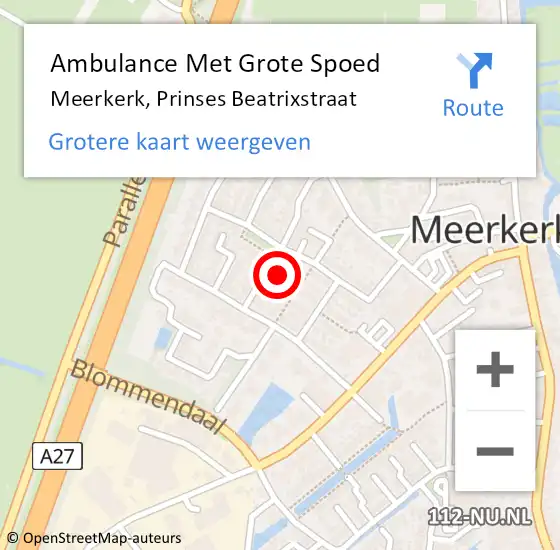 Locatie op kaart van de 112 melding: Ambulance Met Grote Spoed Naar Meerkerk, Prinses Beatrixstraat op 18 december 2022 20:25