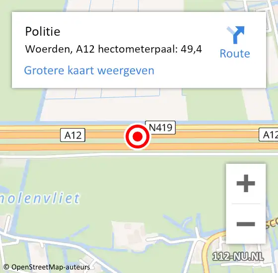 Locatie op kaart van de 112 melding: Politie Woerden, A12 hectometerpaal: 49,4 op 18 december 2022 20:38