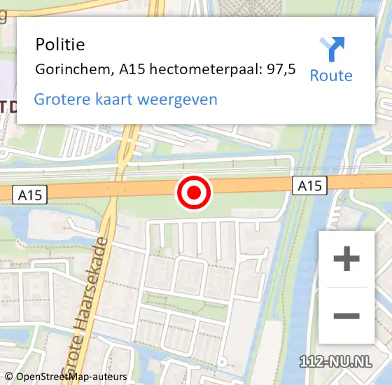 Locatie op kaart van de 112 melding: Politie Gorinchem, A15 hectometerpaal: 97,5 op 18 december 2022 20:56
