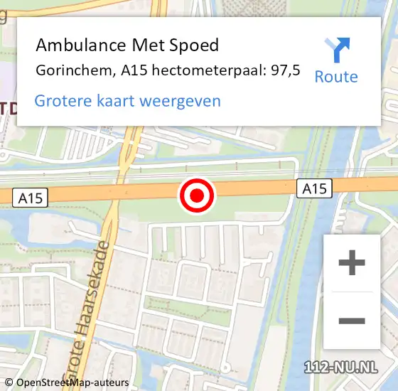 Locatie op kaart van de 112 melding: Ambulance Met Spoed Naar Gorinchem, A15 hectometerpaal: 97,5 op 18 december 2022 20:57