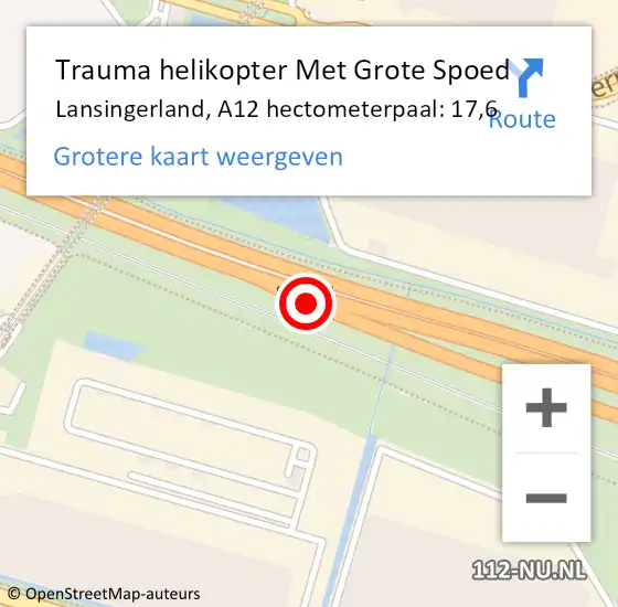 Locatie op kaart van de 112 melding: Trauma helikopter Met Grote Spoed Naar Lansingerland, A12 hectometerpaal: 17,6 op 18 december 2022 20:58