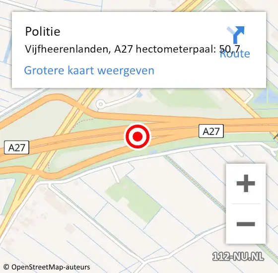 Locatie op kaart van de 112 melding: Politie Vijfheerenlanden, A27 hectometerpaal: 50,7 op 18 december 2022 21:16