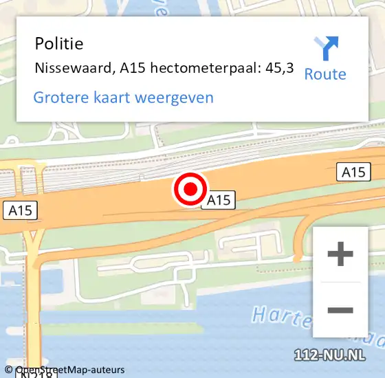 Locatie op kaart van de 112 melding: Politie Nissewaard, A15 hectometerpaal: 45,3 op 18 december 2022 21:20