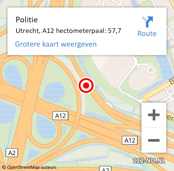 Locatie op kaart van de 112 melding: Politie Utrecht, A12 hectometerpaal: 57,7 op 18 december 2022 21:23