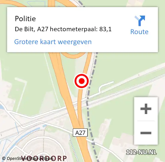 Locatie op kaart van de 112 melding: Politie De Bilt, A27 hectometerpaal: 83,1 op 18 december 2022 21:30