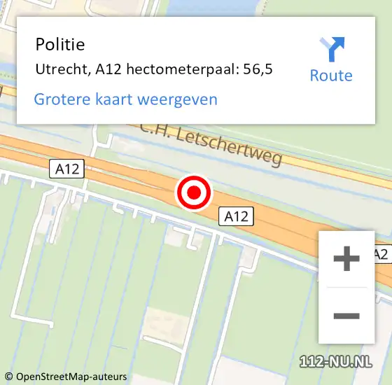 Locatie op kaart van de 112 melding: Politie Utrecht, A12 hectometerpaal: 56,5 op 18 december 2022 21:37