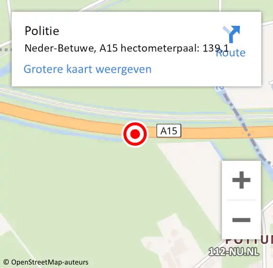 Locatie op kaart van de 112 melding: Politie Neder-Betuwe, A15 hectometerpaal: 139,1 op 18 december 2022 21:57