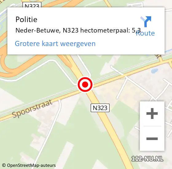 Locatie op kaart van de 112 melding: Politie Neder-Betuwe, N323 hectometerpaal: 5,3 op 18 december 2022 22:07