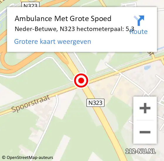 Locatie op kaart van de 112 melding: Ambulance Met Grote Spoed Naar Neder-Betuwe, N323 hectometerpaal: 5,3 op 18 december 2022 22:09
