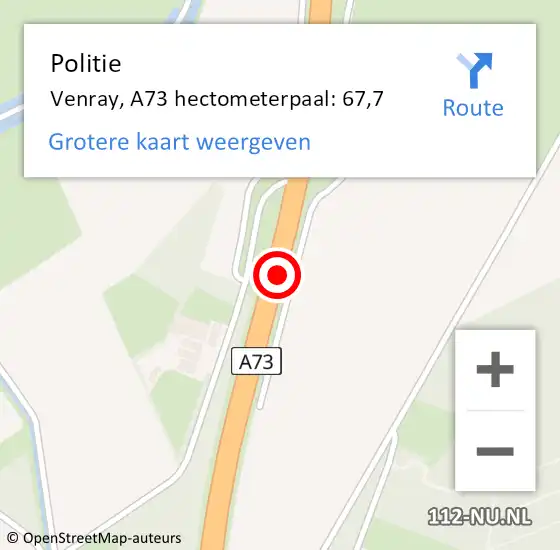Locatie op kaart van de 112 melding: Politie Venray, A73 hectometerpaal: 67,7 op 18 december 2022 22:16