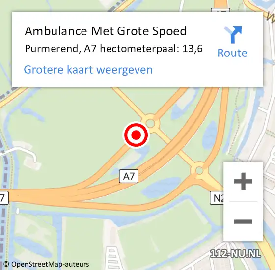 Locatie op kaart van de 112 melding: Ambulance Met Grote Spoed Naar Purmerend, A7 hectometerpaal: 13,6 op 18 december 2022 22:17