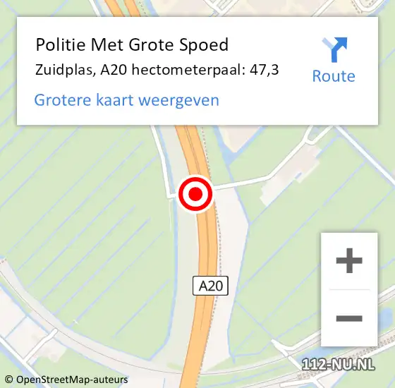 Locatie op kaart van de 112 melding: Politie Met Grote Spoed Naar Zuidplas, A20 hectometerpaal: 47,3 op 18 december 2022 22:25