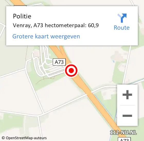 Locatie op kaart van de 112 melding: Politie Venray, A73 hectometerpaal: 60,9 op 18 december 2022 22:34
