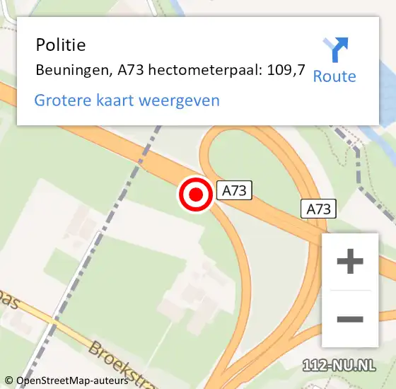 Locatie op kaart van de 112 melding: Politie Beuningen, A73 hectometerpaal: 109,7 op 18 december 2022 22:41