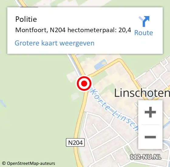 Locatie op kaart van de 112 melding: Politie Montfoort, N204 hectometerpaal: 20,4 op 18 december 2022 22:47