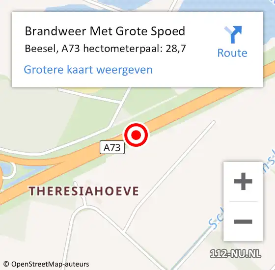 Locatie op kaart van de 112 melding: Brandweer Met Grote Spoed Naar Beesel, A73 hectometerpaal: 28,7 op 18 december 2022 22:54