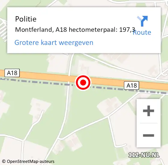 Locatie op kaart van de 112 melding: Politie Montferland, A18 hectometerpaal: 197,3 op 18 december 2022 23:23