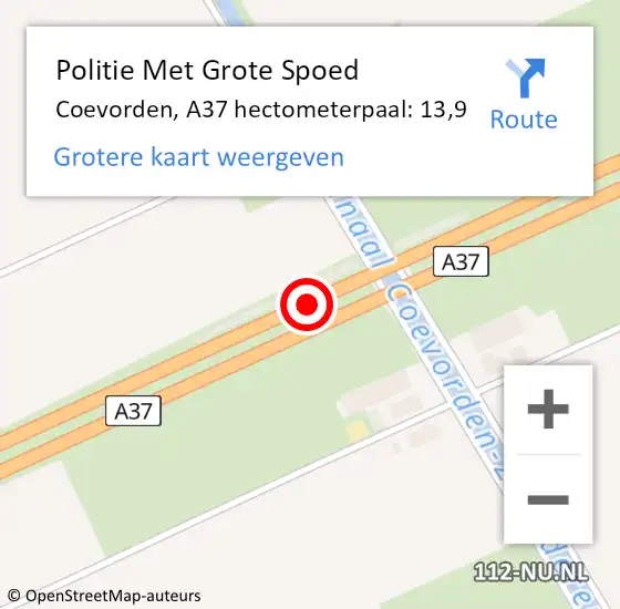 Locatie op kaart van de 112 melding: Politie Met Grote Spoed Naar Coevorden, A37 hectometerpaal: 13,9 op 18 december 2022 23:33