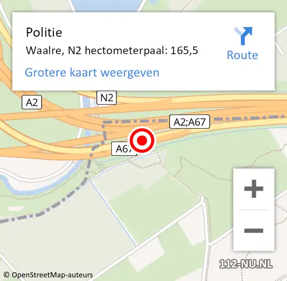 Locatie op kaart van de 112 melding: Politie Waalre, N2 hectometerpaal: 165,5 op 18 december 2022 23:36