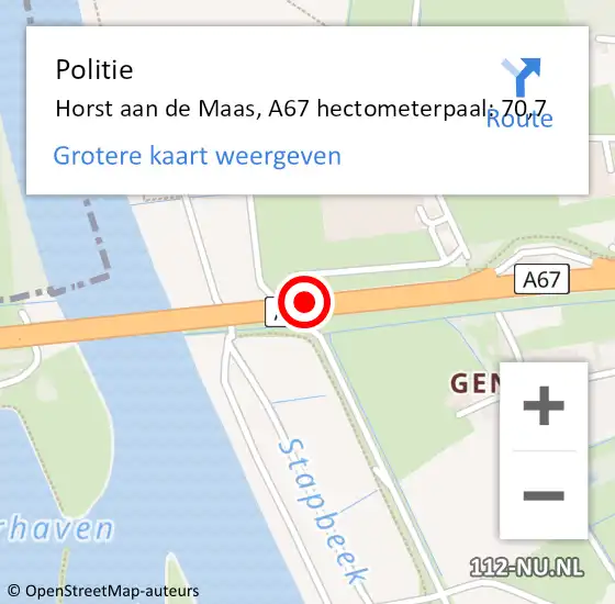 Locatie op kaart van de 112 melding: Politie Venlo, A67 hectometerpaal: 70,7 op 18 december 2022 23:49