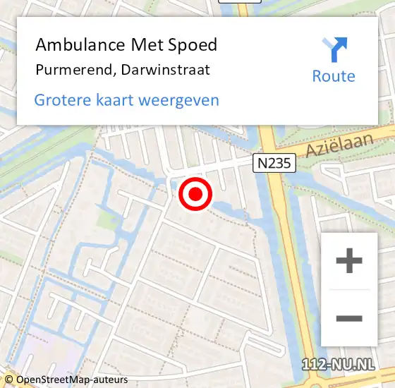 Locatie op kaart van de 112 melding: Ambulance Met Spoed Naar Purmerend, Darwinstraat op 18 december 2022 23:57