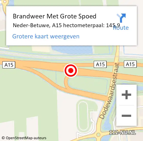 Locatie op kaart van de 112 melding: Brandweer Met Grote Spoed Naar Neder-Betuwe, A15 hectometerpaal: 145,9 op 19 december 2022 00:07