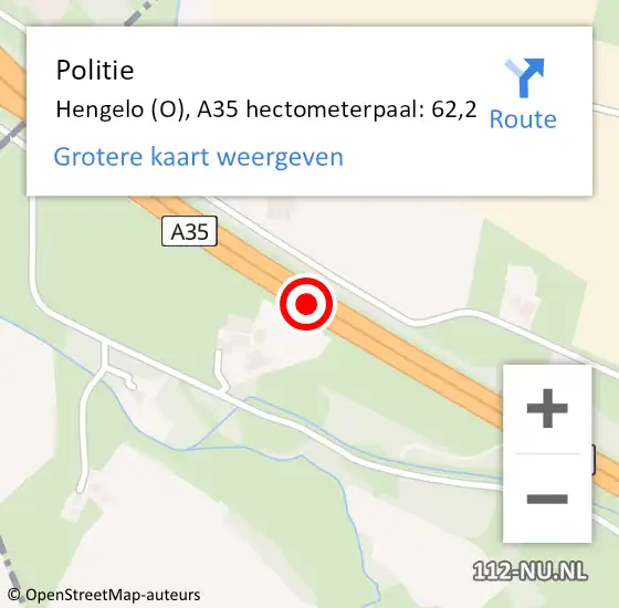 Locatie op kaart van de 112 melding: Politie Hengelo (O), A35 hectometerpaal: 62,2 op 19 december 2022 00:29
