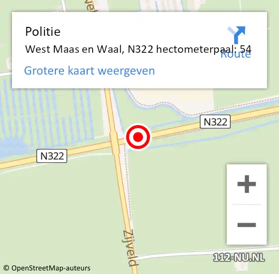 Locatie op kaart van de 112 melding: Politie West Maas en Waal, N322 hectometerpaal: 54 op 19 december 2022 05:36