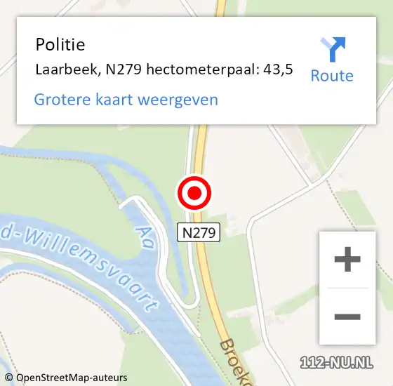 Locatie op kaart van de 112 melding: Politie Laarbeek, N279 hectometerpaal: 43,5 op 19 december 2022 05:48