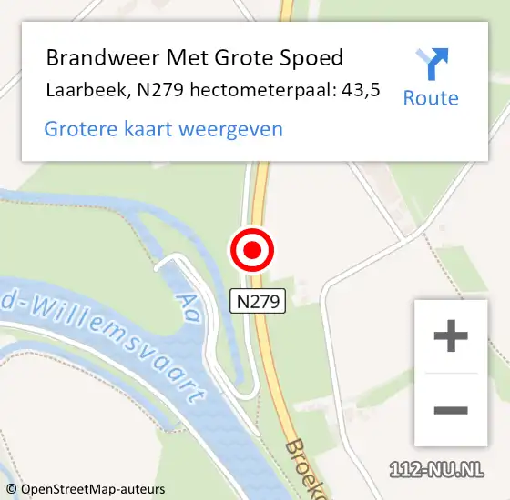 Locatie op kaart van de 112 melding: Brandweer Met Grote Spoed Naar Laarbeek, N279 hectometerpaal: 43,5 op 19 december 2022 05:49