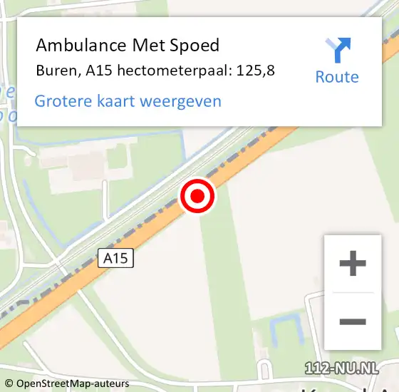 Locatie op kaart van de 112 melding: Ambulance Met Spoed Naar Buren, A15 hectometerpaal: 125,8 op 19 december 2022 07:24