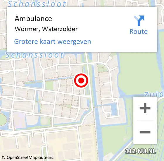 Locatie op kaart van de 112 melding: Ambulance Wormer, Waterzolder op 19 december 2022 08:18