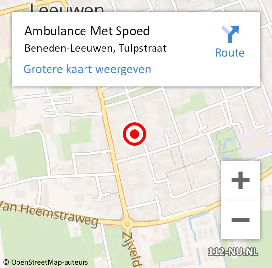 Locatie op kaart van de 112 melding: Ambulance Met Spoed Naar Beneden-Leeuwen, Tulpstraat op 19 december 2022 09:51