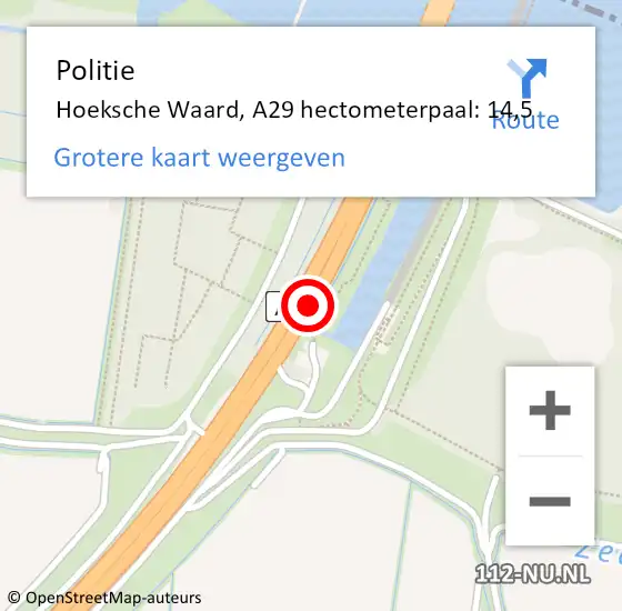 Locatie op kaart van de 112 melding: Politie Hoeksche Waard, A29 hectometerpaal: 14,5 op 19 december 2022 11:16