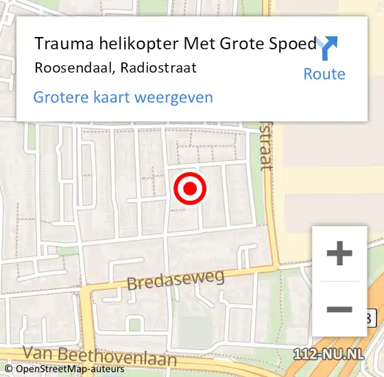 Locatie op kaart van de 112 melding: Trauma helikopter Met Grote Spoed Naar Roosendaal, Radiostraat op 19 december 2022 12:13