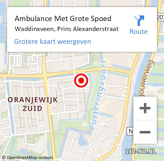 Locatie op kaart van de 112 melding: Ambulance Met Grote Spoed Naar Waddinxveen, Prins Alexanderstraat op 19 december 2022 12:34