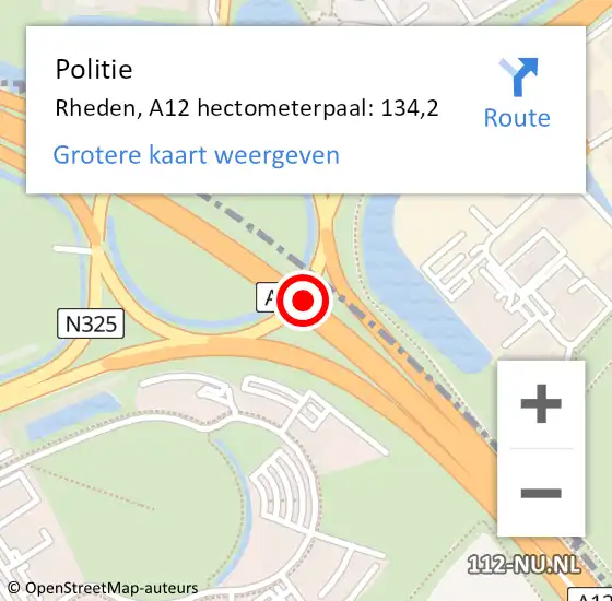 Locatie op kaart van de 112 melding: Politie Rheden, A12 hectometerpaal: 134,2 op 19 december 2022 13:34