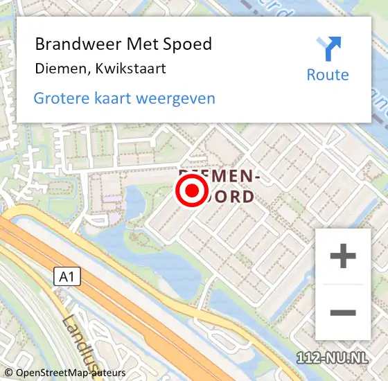 Locatie op kaart van de 112 melding: Brandweer Met Spoed Naar Diemen, Kwikstaart op 19 december 2022 15:43