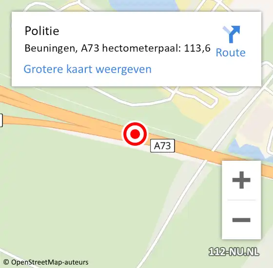 Locatie op kaart van de 112 melding: Politie Beuningen, A73 hectometerpaal: 113,6 op 19 december 2022 17:00