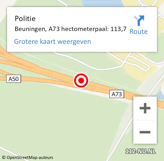 Locatie op kaart van de 112 melding: Politie Beuningen, A73 hectometerpaal: 113,7 op 19 december 2022 17:01