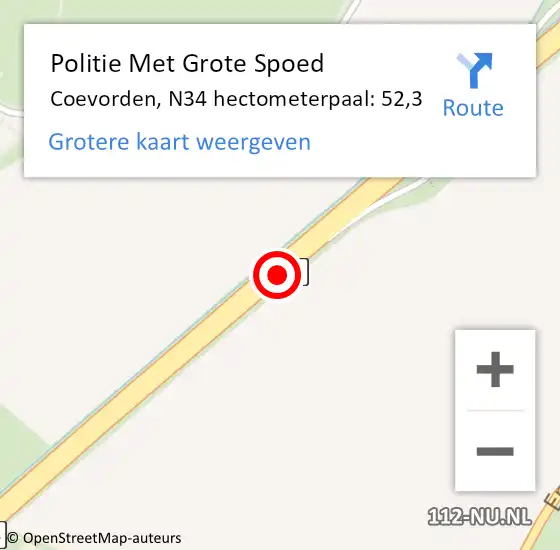 Locatie op kaart van de 112 melding: Politie Met Grote Spoed Naar Coevorden, N34 hectometerpaal: 52,3 op 19 december 2022 17:11