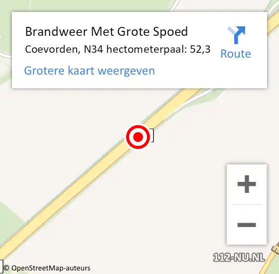 Locatie op kaart van de 112 melding: Brandweer Met Grote Spoed Naar Coevorden, N34 hectometerpaal: 52,3 op 19 december 2022 17:15