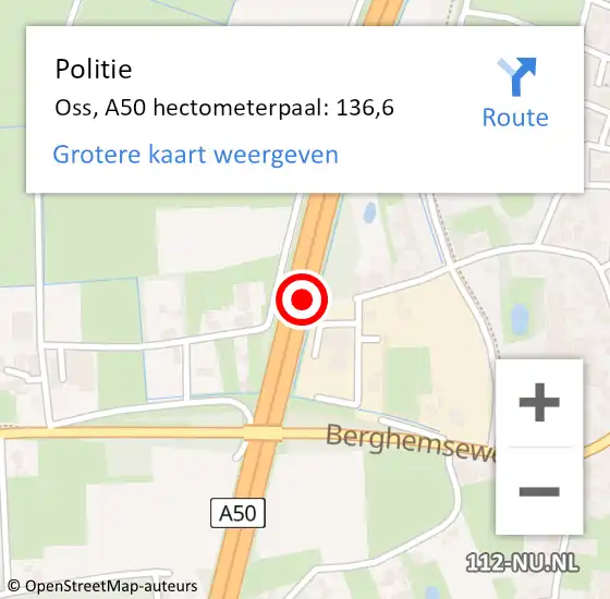 Locatie op kaart van de 112 melding: Politie Oss, A50 hectometerpaal: 136,6 op 19 december 2022 17:45