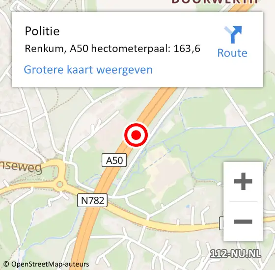 Locatie op kaart van de 112 melding: Politie Renkum, A50 hectometerpaal: 163,6 op 19 december 2022 17:49